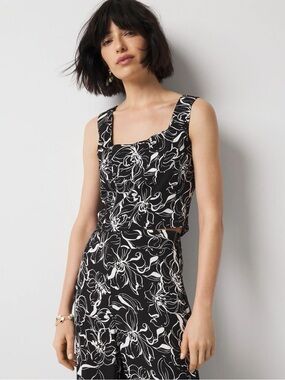 White House Black Market Black & White Floral Square-Neck Top